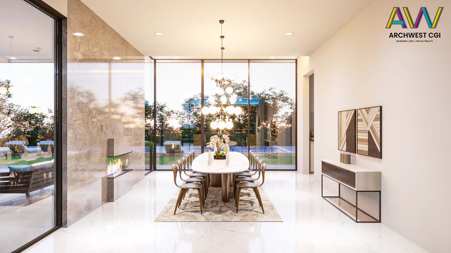 2. 3D Interior Rendering of a Dining Space in Dusk Lighting, New York